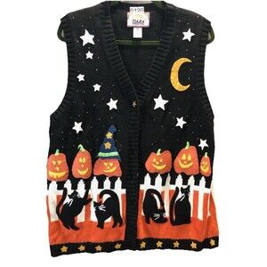 Tiara International Vintage Halloween Sweater Vest Pumpkins Fence Cats Women L